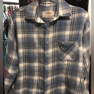 Vintage Weeds Cotton Flannel Long Sleeve Button Shirt Plaid Blue